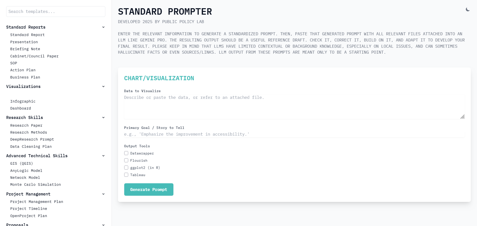 Standard Prompter &ndash; template selection sidebar showing over 50 document types, with the chart visualization form open